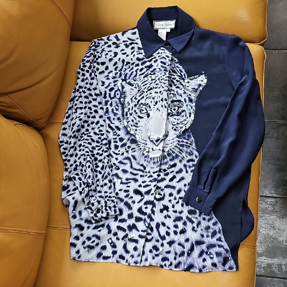 Diane Gilman Navy Leopard Embellished Blouse